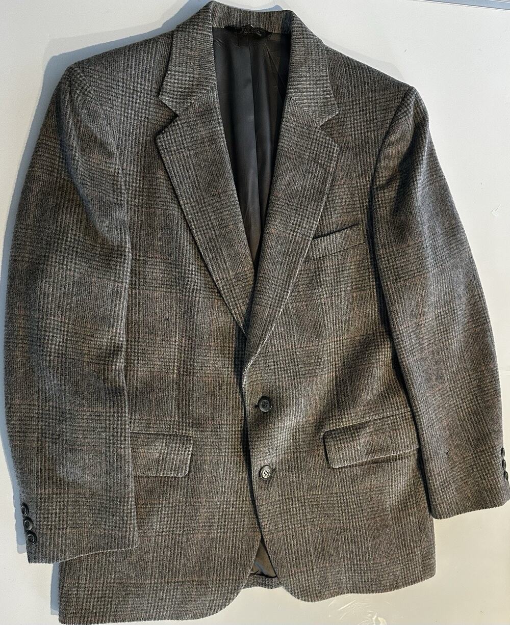 Strathmore Blazer Mens Gray Windowpane Plaid Wool Jacket Sport Coat Preppy Vtg
